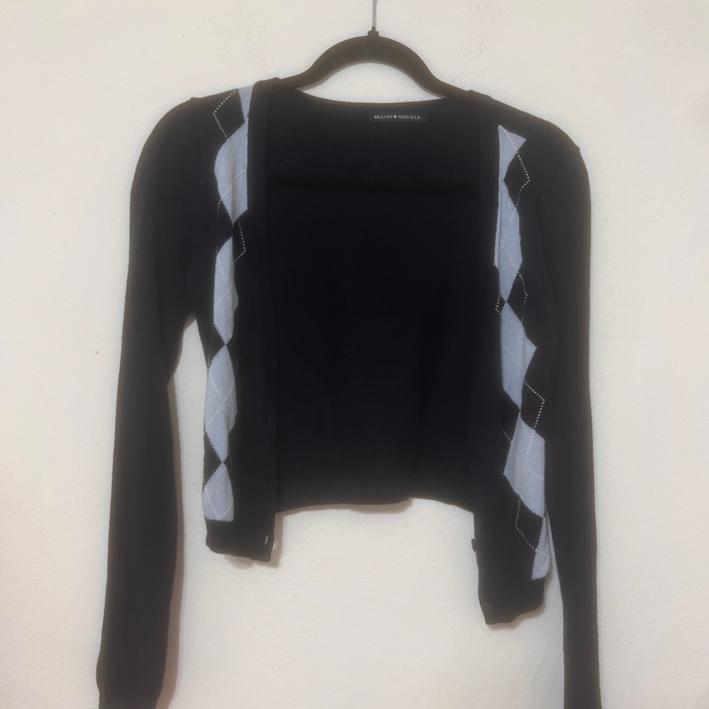 Brandy Melville Black and Gray Argyle Cardigan